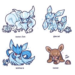 Rule 34 | alolan form, alolan ninetales, animal focus, articuno, blue eyes, bright pupils, commentary, english commentary, full body, fusion, gen 1 pokemon, gen 2 pokemon, gen 3 pokemon, gen 4 pokemon, gen 7 pokemon, glaceon, legendary pokemon, mamobot, nintendo, no humans, pokemon, pokemon (creature), red eyes, regice, simple background, swinub, white background, white pupils