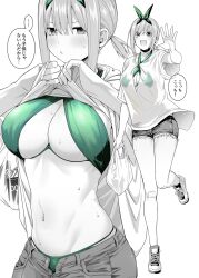 1girl :d bag bandaid bandaid_on_knee bandaid_on_leg bikini bikini_under_clothes bikini_visible_through_clothes breasts chicke_iii clothes_lift commentary go-toubun_no_hanayome green_bikini green_hairband greyscale hairband highres holding holding_bag large_breasts lifting_own_clothes low_ponytail medium_hair monochrome multiple_views nakano_yotsuba navel open_mouth plastic_bag ponytail shirt_lift shopping_bag short_shorts shorts smile speech_bubble spot_color swimsuit symbol-only_commentary translation_request waving