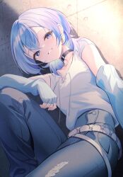 Rule 34 | 1girl, absurdres, anichika, belt, black choker, blue eyes, blue hair, blue pants, choker, commentary request, crossed bangs, denim, double-parted bangs, elbow gloves, fingerless gloves, gloves, grin, hair between eyes, highres, hololive, hoshimachi suisei, jeans, looking at viewer, pants, shirt, shirt tucked in, short hair, short sleeves, sitting, smile, solo, star (symbol), star in eye, symbol in eye, torn clothes, torn pants, virtual youtuber, white belt, white gloves, white shirt