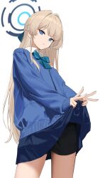1girl absurdres black_shorts blonde_hair blue_archive blue_bow blue_cardigan blue_eyes blue_skirt bow braid cardigan clothes_lift double_v highres long_hair looking_at_viewer official_alternate_costume official_alternate_hairstyle oregano_(olgn_eao) parted_lips shirt shorts shorts_under_skirt sidelocks skirt skirt_lift sleeves_past_wrists solo toki_(blue_archive) toki_(school_uniform)_(blue_archive) v white_shirt
