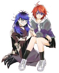 ahoge black_hair black_nails black_skirt blue_eyes blue_hair blush bridge_piercing collar eyepatch face_piercing fingernails full_body genderswap genderswap_(mtf) heart high_heels highres japanese_clothes lip_piercing long_hair looking_at_another messy_hair multicolored_eyes multicolored_hair nail_polish omokage_yugamu one_eye_covered piercing pleated_skirt red_eyes red_hair simple_background skirt sumino_takumi the_hundred_line_-last_defense_academy- white_background yuri