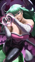 1girl absurdres aqua_eyes aqua_hair bare_shoulders blue_eyeshadow blunt_bangs breasts capcom cleavage closed_mouth cosplay darkstalkers elbow_gloves eyeshadow gem gloves green_gemstone half-closed_eyes head_tilt heart heart_hands highres large_breasts lips long_hair looking_at_viewer makeup morrigan_aensland neck pink_lips rouge_the_bat rouge_the_bat_(cosplay) sega smile snagback sonic_(series) strapless white_gloves wings