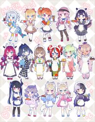 6+girls :d absurdres ahoge animal_ears apron asymmetrical_footwear asymmetrical_hair bandaid bandaid_on_knee bandaid_on_leg black_hair black_thighhighs blonde_hair blue_eyes blue_hair blunt_bangs blush braid bread broken_horn brown_eyes brown_hair buckle burger ceres_fauna checkered_background chibi chiyomaru_(yumichiyo0606) closed_eyes colored_inner_hair colored_tips cup curry curry_rice dark-skinned_female dark_skin dog_ears dog_girl dog_tail fins fish_tail floral_print flower food food_on_face from_behind full_body fuwawa_abyssgard gawr_gura green_eyes grey_hair hair_ornament hakos_baelz hand_on_own_hip heterochromia highres holding holding_cup holding_food holding_teapot holding_tray holoadvent holocouncil hololive hololive_english holomyth horn_flower horns hot_dog ice_cream_crepe irys_(hololive) jacket japanese_clothes kappougi kimono koseki_bijou leg_warmers light_brown_hair limiter_(tsukumo_sana) long_sleeves looking_at_viewer low_twin_braids maid maid_headdress melon_bread mismatched_footwear mococo_abyssgard mori_calliope mouse_ears mouse_girl multicolored_hair multiple_girls nanashi_mumei nerissa_ravencroft ninomae_ina&#039;nis omelet omurice onigiri open_mouth orange_hair ouro_kronii outside_border pancake pantyhose parfait pink_eyes pink_hair pink_shoes pointy_ears polka_dot polka_dot_skirt ponytail purple_eyes purple_hair rice roller_skates sandals sandwich shark_girl shark_tail sharp_teeth shiori_novella shirt shoes shorts side_ponytail skates skirt sleeves_past_fingers sleeves_past_wrists smile snap-fit_buckle souffle_pancake standing star_(symbol) star_print strawberry_parfait streaked_hair striped_clothes striped_shirt striped_shorts swept_bangs tail takanashi_kiara teapot teeth tentacle_hair tentacles thighhighs torn_clothes torn_pantyhose track_jacket tray tsukumo_sana twin_braids twintails two-tone_hair virtual_youtuber visor_cap wa_maid waist_apron watson_amelia white_hair white_leg_warmers wings wrist_cuffs yellow_sandals yellow_shoes yukata yunomi zouri