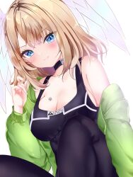 Rule 34 | 1girl, black tank top, blue eyes, breasts, brown hair, cleavage, eunie (xenoblade), green jacket, head wings, highres, jacket, large breasts, medium hair, missing commentary, nanase nao, simple background, single bare shoulder, single off shoulder, solo, tank top, upper body, white background, white wings, wings, xenoblade chronicles (series), xenoblade chronicles 3