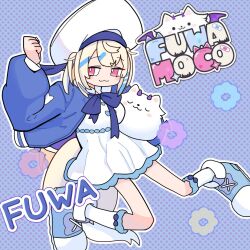 1girl blonde_hair blue_jacket breasts character_name chibi cosplay dog_girl dog_tail dress duel_monster full_body fuwawa_abyssgard hat holding holding_stuffed_toy hololive hololive_english jacket large_breasts lil-la_(yu-gi-oh!) live_twin_lil-la live_twin_lil-la_(cosplay) long_hair multicolored_hair perroccino_(fuwamoco) pink_hair simple_background solo streaked_hair stuffed_toy tail two-tone_hair two_side_up virtual_youtuber wcksan white_dress white_hat yu-gi-oh!