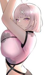 1girl ahoge bob_cut breasts grey_hair hair_ornament hairclip highres large_breasts looking_at_viewer medium_hair mole mole_under_eye nijisanji purple_eyes solo sukoya_kana sukoya_kana_(7th_costume) tchai_covsky virtual_youtuber x x_hair_ornament