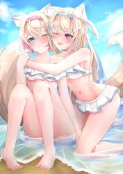 2girls absurdres animal_ear_fluff animal_ears bandaid bandaid_hair_ornament bare_shoulders beach bikini blonde_hair blue_eyes blue_hair blue_sky breasts cloud dog_ears dog_girl dog_tail frilled_bikini frilled_skirt frills fuwawa_abyssgard hair_ornament hairpin highres hololive hololive_english large_breasts long_hair mococo_abyssgard multicolored_hair multiple_girls one_eye_closed pink_eyes pink_hair sand short_hair siblings sisters skirt sky small_breasts st-147 streaked_hair swimsuit tail twins two_side_up very_long_hair virtual_youtuber water white_bikini white_skirt x_hair_ornament
