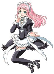 1girl apron blue_eyes breasts bridal_gauntlets chiaki_hiyama feather_trim felicia_(fire_emblem) fire_emblem fire_emblem_fates long_sleeves looking_at_viewer maid maid_apron maid_headdress medium_breasts nintendo nohrian_maid_uniform open_mouth pink_hair ponytail smile solo