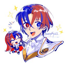1boy 1girl absurdres female_alear_(fire_emblem) male_alear_(fire_emblem) blue_eyes blue_hair chibi crossed_bangs fire_emblem fire_emblem_engage hair_between_eyes heterochromia highres looking_at_viewer mochako_(motyako_1005) multicolored_hair nintendo red_eyes red_hair smile solo_focus split-color_hair two-tone_hair
