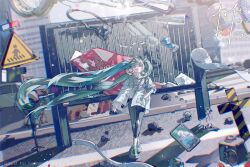 1girl absurdly_long_hair aqua_hair camera hand_in_pocket hatsune_miku highres jacket jiatu long_hair pants phone railing road road_sign sign solo standing tissue torn_clothes torn_pants very_long_hair vocaloid wind
