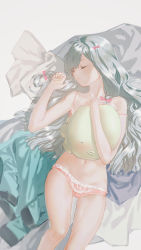 1girl antenna_hair armpit_crease backlighting bad_proportions bare_arms bare_shoulders bed_sheet blunt_ends bow bow_panties closed_eyes collarbone curled_fingers eromanga_sensei eyelashes feet_out_of_frame frilled_panties frills grey_background groin hair_between_eyes hair_bow hair_ribbon hair_spread_out hands_up highres indoors izumi_sagiri jacket unworn_jacket kkia knee_up lace lace-trimmed_panties lace_trim lingerie long_hair lowleg lowleg_panties lying mole mole_on_arm muted_color navel hugging_object on_back panties parted_lips pink_bow pink_panties ribbon silver_hair skindentation sleeping solo stomach strap_slip stuffed_animal stuffed_octopus stuffed_toy swept_bangs thigh_gap thighs tress_ribbon underwear underwear_only very_long_hair
