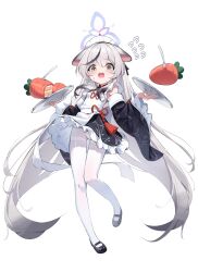 1girl animal_ears apron black_hair blue_archive blue_halo blush breasts brown_eyes cake chinese_clothes cocokawa_(cjsj8353) detached_sleeves diamond_cutout dress food fork frilled_dress frills grey_hair halo highres kokona_(blue_archive) loli lolita_fashion long_hair looking_at_viewer maid maid_apron maid_headdress multicolored_hair open_mouth panties panties_under_pantyhose pantyhose qi_lolita simple_background small_breasts solo streaked_hair tiger_ears tiger_girl underwear vegetable very_long_hair white_background white_pantyhose