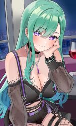 1girl alcohol bare_shoulders black_choker black_nails black_shorts bracelet breasts choker cleavage cup detached_sleeves drinking_glass fishnet_pantyhose fishnet_thighhighs fishnets green_hair head_rest highres jewelry long_hair looking_at_viewer midriff mole mole_on_breast nakano_kura navel necklace pantyhose purple_eyes see-through_clothes see-through_sleeves short_shorts shorts sitting solo swept_bangs thigh_strap thighhighs virtual_youtuber vspo! wine wine_glass yakumo_beni yakumo_beni_(2nd_costume)