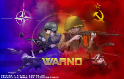 3girls absurdres aiming aircraft airplane ak-74 aks-74 american_flag artist_name assault_rifle attack_helicopter battle_rifle blue_background blue_hair brown_hair brown_jacket bundeswehr buttoned_cuffs buttons camouflage camouflage_headwear camouflage_jacket capitalism chin_strap chinese_commentary cold_war collared_jacket combat_helmet commentary commentary_request commission commissioner_name communism compass_rose copyright_name cropped_torso derivative_work english_commentary f-16 fighter_jet finger_on_trigger flag_background folding_stock from_side german_flag germany green_eyes green_headwear green_jacket grenade_launcher gun h&amp;k_g3 hammer_and_sickle helicopter helmet highres holding holding_gun holding_weapon jacket kalashnikov_rifle light_blue_hair light_brown_hair long_hair long_sleeves looking_ahead m16 m16a2 m203 mi-24 military military_combat_uniform military_jacket military_uniform military_vehicle mixed-language_commentary multiple_girls opposing_sides pasgt_helmet patch pixel_text pixiv_commission profile red_background red_star rifle scanlines shoulder_boards shoulder_patch smoke soldier soviet soviet_army star_(symbol) twitter_username uh-1_iroquois underbarrel_grenade_launcher united_states united_states_army upper_body warno_(game) weapon weimar_29 west_germany woodland_camouflage