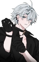 1boy black_choker black_gloves black_shirt blue_eyes choker collared_shirt earclip gloves grey_hair hair_between_eyes half-closed_eyes half_gloves hand_up highres honkai:_star_rail honkai_(series) looking_at_viewer male_focus open_clothes open_shirt parted_bangs parted_lips phainon_(fashion)_(honkai:_star_rail) phainon_(honkai:_star_rail) pin3909 shirt short_hair simple_background solo teeth upper_body white_background yellow_pupils