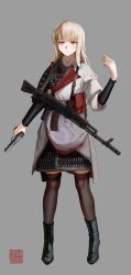 Rule 34 | 1girl, absurdres, ak-74m, ak74m (girls&#039; frontline), alternate costume, assault rifle, black boots, black thighhighs, blonde hair, boots, cigarette, commentary, english commentary, girls&#039; frontline, grey background, gun, gun sling, handgun, highres, holding, holding cigarette, holding gun, holding weapon, k0ushou, kalashnikov rifle, long hair, parted lips, pouch, purple eyes, rifle, simple background, solo, standing, thighhighs, tokarev tt-33, triangle mouth, trigger discipline, weapon