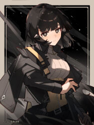 1girl :| absurdres alternate_costume artist_name belt black_background black_belt black_eyes black_hair black_jacket border breasts bright_pupils character_request check_character closed_mouth collared_jacket cowboy_shot dot_nose expressionless film_grain girls&#039;_frontline highres holding holding_weapon huajiaohaibao jacket long_sleeves looking_at_viewer medium_breasts medium_hair nyto_(generic)_(girls&#039;_frontline) nyto_(girls&#039;_frontline) open_clothes open_jacket outside_border ribbed_sweater shirt solo sweater upper_body weapon white_border white_pupils white_shirt