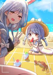 2girls :d absurdres aged_down animal animal_ear_fluff animal_ears bare_arms bare_shoulders barefoot bikini black_bikini blanket blue_sky bow braid breasts brown_hat carrot_hair_ornament cloud commentary_request crab day don-chan_(usada_pekora) dress ears_through_headwear food food-themed_hair_ornament hair_between_eyes hair_bow hair_ornament hair_over_shoulder hat highres holding holding_food hololive horizon kiritoma large_breasts long_hair mother_and_daughter multiple_girls ocean open_mouth outdoors pekomama pekomon_(usada_pekora) popsicle rabbit-shaped_pupils rabbit_ears red_eyes sand_sculpture shaved_ice short_eyebrows signature single_braid sky sleeveless sleeveless_dress smile straw_hat sunglasses swimsuit symbol-shaped_pupils thick_eyebrows twin_braids twintails usada_pekora v very_long_hair viewfinder virtual_youtuber water watermelon_bar white_bow white_dress