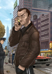 Rule 34 | 1boy, aircraft, brown jacket, calling, car, city, cityscape, deviantart, grand theft auto, grand theft auto iv, hand in pocket, hat, helicopter, highres, jacket, male focus, motor vehicle, niko bellic, pants, patrick brown, phone, police, police hat, police uniform, track pants