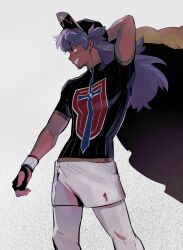1boy arm_up baseball_cap black_gloves black_hat cape dark-skinned_male dark_skin dynamax_band facial_hair fingerless_gloves fur-trimmed_cape fur_trim gloves goatee grin hat highres holding holding_unworn_cape holding_unworn_clothes leon_(pokemon) long_hair looking_ahead male_focus nintendo pokemon pokemon_swsh print_shirt profile purple_hair senzo6700 shirt short_sleeves shorts simple_background smile solo standing teeth unworn_cape white_background white_shorts yellow_eyes