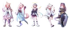 5girls animal_ears arknights bang_dream! bang_dream!_it&#039;s_mygo!!!!! bell black_boots black_choker black_gloves black_pants black_shirt black_shorts black_socks blue_eyes blue_skirt boots border brown_eyes brown_hair brown_shoes cat_ears cat_girl cat_tail character_request chihaya_anon chinese_commentary choker closed_mouth coat commentary_request dagger detached_wings dragon_horns dragon_tail fang fingerless_gloves fox_ears fox_girl fox_tail full_body gloves grey_eyes grey_hair grey_skirt hair_between_eyes halo heterochromia hibioes highres holding holding_own_hair holding_sword holding_weapon horns jacket kaname_raana kemonomimi_mode kneehighs knife multiple_girls mygo!!!!!_(bang_dream!) nagasaki_soyo neck_bell open_mouth pants pink_hair purple_eyes raana_the_cat shield shiina_taki shirt shoes short_hair shorts sim simple_background skirt socks standing sword tail takamatsu_tomori teeth thigh_strap upper_teeth_only weapon white_background white_border white_coat white_hair white_jacket white_shoes wings wolf_ears wolf_girl wolf_tail yellow_eyes