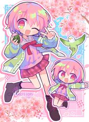 Rule 34 | 1boy, :d, ;d, bird, blue background, blush, boots, border, borrowed character, bow, bowtie, brown boots, cardigan, cherry blossoms, chibi, chibi inset, commentary request, commission, drop shadow, fang, food, full body, green cardigan, highres, holding, holding food, lace-up boots, looking at viewer, male focus, miniskirt, mochi, one eye closed, open cardigan, open clothes, open mouth, original, outline, outside border, pink background, pink eyes, pink hair, pink outline, pink shirt, plaid clothes, plaid skirt, pleated skirt, purple outline, red bow, red bowtie, red skirt, richard (richaball), sailor collar, sakura mochi, shirt, short hair, skeb commission, skirt, smile, trap, twitter username, two-tone background, v, wagashi, white border, white sailor collar