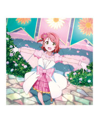 1girl artbook awakening_promise_(love_live!) blunt_bangs bow dress earrings flower gloves hair_bun hair_flower hair_ornament highres jewelry looking_at_viewer love_live! love_live!_nijigasaki_high_school_idol_club medium_hair necklace non-web_source official_art open_mouth outstretched_arms pearl_necklace pink_bow pink_dress pink_hair short_sleeves single_side_bun smile solo uehara_ayumu white_dress white_gloves yellow_eyes