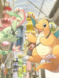 Rule 34 | animal focus, bag, claws, closed eyes, dragon, dragonite, fish, flygon, flying, food, full body, gen 1 pokemon, gen 3 pokemon, grey eyes, highres, horns, indoors, knhb tail, market, nintendo, no humans, open mouth, pokemon, pokemon (creature), pokemon focus, red eyes, shopping district, shoulder bag, single horn, smile, tail, tatsugiri, tatsugiri (curly), wings