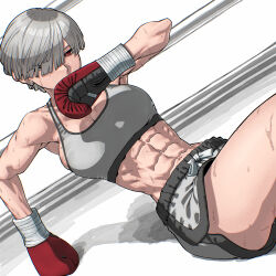 Rule 34 | bowl cut, boxing, boxing gloves, collarbone, grey hair, grey sports bra, highres, muscular, muscular female, original, red eyes, rggr, sports bra