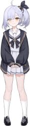 1girl ahoge artist_request asymmetrical_bangs azur_lane black_bow black_bowtie black_cardigan black_jacket black_ribbon black_shoes blush bow bowtie cardigan closed_mouth collarbone eyes_visible_through_hair full_body grey_hair hair_bow hair_ornament hair_over_one_eye hair_ribbon highres jacket kneehighs light_blush loafers long_image long_sleeves looking_at_viewer medium_hair miniskirt non-web_source oceana_(azur_lane) official_art open_cardigan open_clothes own_hands_together pleated_skirt puffy_long_sleeves puffy_sleeves ribbon sailor_collar sailor_shirt school_uniform serafuku shirt shoes side_ponytail simple_background siren_(azur_lane) skirt sleeves_past_wrists smile socks solo split_mouth standing tall_image white_background white_sailor_collar white_serafuku white_shirt white_skirt white_socks yellow_eyes