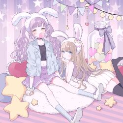 2girls absurdres animal_ear_hairband animal_ears black_shirt black_thighhighs blowing_bubbles blue_eyes blue_jacket blue_socks bow brown_hair bunting chewing_gum commentary fake_animal_ears fur_hairband green_scrunchie hairband hand_on_own_chin heart heart-shaped_pillow highres jacket lapels long_hair long_sleeves lying miniskirt multiple_girls navel no_shoes notched_lapels on_stomach open_clothes open_jacket original pillow pink_bow pleated_skirt purple_shirt purple_skirt rabbit_ear_hairband rabbit_ears scrunchie shirt shoes sitting skirt sleeveless sleeveless_shirt socks star-shaped_pillow star_(symbol) star_sticker sticker_on_face symbol-only_commentary tareme thighhighs ting_(tingiiio) twintails white_hairband white_shoes white_skirt wrist_scrunchie yellow_bow yellow_eyes yume_kawaii