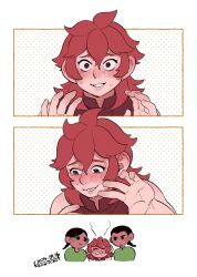 1boy 2024 2girls averting_eyes black_hair blush brother_and_sister chibi chromatic_aberration collared_shirt comic dark-skinned_female dark-skinned_male dark_skin dated dungeon_meshi dwarf hanaichi_(hana13) hands_up kaka_floke kiki_floke medium_hair multiple_girls namari_(dungeon_meshi) red_hair shirt siblings smile sweat upper_body wavy_mouth wide-eyed