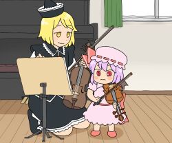2girls aged_down black_hat blonde_hair blush_stickers bow_(music) cover_image dress frilled_shirt_collar frills hat holding holding_bow_(music) holding_instrument holding_violin indoors instrument koyama_shigeru lunasa_prismriver mob_cap multiple_girls music music_stand piano playing_instrument purple_dress purple_hair red_eyes remilia_scarlet short_hair textless_version title touhou upright_piano violin yellow_eyes