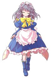 1girl apron arms_at_sides blue_dress blue_shoes boots bow bowtie braided_sidelocks breasts closed_eyes closed_mouth commentary_request curiosities_of_lotus_asia dairi dress frilled_apron frills full_body grey_hair hair_bow hair_intakes highres izayoi_sakuya juliet_sleeves large_breasts large_variant_set long_hair long_sleeves looking_at_viewer maid maid_apron maid_headdress petticoat pleated_dress puffy_sleeves shoes simple_background solo standing tachi-e touhou transparent_background v-shaped_eyebrows variant_set white_apron wispy_bangs yellow_bow yellow_bowtie