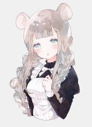 1girl absurdres animal_ears apron black_shirt blush bow bowtie braid brown_hair commentary cropped_torso green_eyes grey_background hair_ornament hairclip hand_up highres juliet_sleeves long_hair long_sleeves maid mouse_ears open_mouth original puffy_sleeves shirt sidelocks simple_background symbol-only_commentary tareme ting_(tingiiio) twin_braids white_apron white_bow white_bowtie