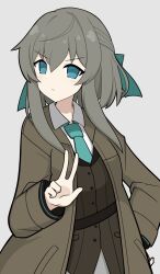1girl blue_bow blue_eyes blue_necktie blush bow brown_jacket collared_shirt cowboy_shot dot_nose grey_hair hair_between_eyes hair_bow half_updo hand_on_own_hip highres jacket layered_clothes light_frown long_sleeves looking_at_viewer medium_hair necktie open_clothes open_jacket sentinel_girls shirt sidelocks simple_background sironuigurumi solo v-shaped_eyebrows w white_background white_shirt zvyozdochka_(sentinel_girls)