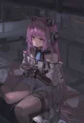 1girl absurdres animal_ears bare_shoulders bear_ears blush coat collar cup detached_sleeves fake_animal_ears hair_intakes headgear headphones highres holding holding_cup ian46166491 long_hair mechanical_arms pink_eyes pink_hair punishing:_gray_raven sidelocks solo teddy_(pgr) white_coat