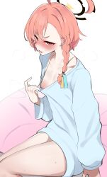 Rule 34 | 1girl, absurdres, ahoge, areola slip, baggy clothes, black halo, blue archive, blush, braid, breasts, clothes pull, flashing, halo, hetima0112, highres, long hair, long sleeves, looking at viewer, micro bra, mole, mole under eye, neru (blue archive), no pants, oppai challenge, orange hair, pulling own clothes, red eyes, shirt pull, simple background, single braid, small breasts, solo, white background