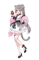 Rule 34 | 1girl, absurdres, animal ears, black bow, black footwear, bow, cat ears, cat tail, earrings, extra ears, flower, full body, grey bow, grey hair, highleg, highres, jewelry, korean clothes, long hair, long sleeves, looking at viewer, multicolored hair, neneko mashiro, no legwear, open mouth, picter, ponytail, red flower, red hair, red rose, rose, simple background, smile, solo, standing, stellive, streaked hair, tail, thigh strap, virtual youtuber, white background