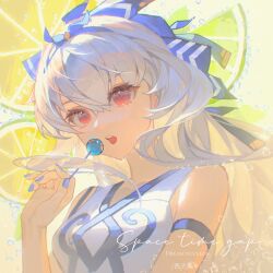 1girl absurdres arknights artist_name bare_shoulders breasts candy dress food grey_hair hair_ornament hairband hand_up highres jewelry lollipop long_hair looking_at_viewer nail_polish official_alternate_costume open_mouth red_eyes signature sizuka_(komorilian) sleeveless sleeveless_dress solo weedy_(arknights) weedy_(sedjem)_(arknights) white_dress