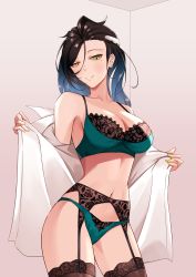 1girl absurdres basicvanilla_(artist) black_hair blush bra breasts cleavage exhibitionism garter_straps girls&#039;_frontline gradient_hair green_eyes hair_ornament hakugin006 highres large_breasts lingerie long_hair looking_at_viewer mole mole_under_eye multicolored_hair navel panties panties_over_garter_belt public_indecency python_(girls&#039;_frontline) seductive_smile smile third-party_edit underwear undressing