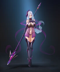 1girl absurdres alternate_costume black_boots boots braid breasts corruption dark_persona elbow_gloves full_body genshin_impact gloves hair_over_one_eye hand_on_own_chest heart heart_tattoo highres holding holding_polearm holding_weapon huge_breasts jewelry long_hair looking_at_viewer navel polearm pubic_tattoo purple_eyes revealing_clothes ring see-through_clothes shenhe_(genshin_impact) single_braid sky_wbo solo tattoo thigh_boots very_long_hair weapon wedding_ring white_hair