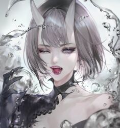 1girl bm94199 duplicate earrings grey_hair jewelry looking_at_viewer oni open_mouth original purple_eyes short_hair solo teeth water