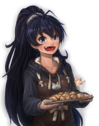 1girl animal antenna_hair apron black_hair black_hoodie blue_eyes blush brown_apron fang food ganaha_hibiki hamster hamuzou high_ponytail highres hold111 holding holding_tray hood hood_down hoodie idolmaster idolmaster_(classic) long_hair long_sleeves looking_at_viewer open_mouth ponytail simple_background smile solo standing tray upper_body very_long_hair white_background
