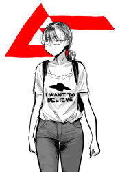 Rule 34 | 1girl, backpack, bag, blunt bangs, commentary, denim, english text, gekkan mu, i want to believe (meme), jeans, jimiko, ken (koala), long hair, looking to the side, meme, mole, mole under eye, original, pants, ponytail, red eyes, shirt, short sleeves, simple background, solo, spot color, t-shirt, the x-files, ufo, white background