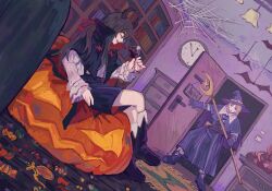 2others :o black_boots black_skirt black_vest blonde_hair bookshelf boots brown_hair candy ceiling clock closed_eyes costume crescent cup cyberseaurchin door drinking_glass fake_horns food frilled_sleeves frills halloween hat highres holding holding_cup holding_staff horns indoors jack-o&#039;-lantern long_hair multiple_others open_mouth original purple_boots purple_hat purple_robe robe shirt short_hair silk sitting skirt smile spider_web staff star_(symbol) vest white_shirt wine_glass