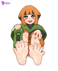 1girl artist_name barefoot belt_buckle blunt_bangs blush_stickers bogo boots brown_eyes buckle capelet feet female_focus foot_focus game_freak gardenia_(pokemon) highres holding holding_boots holding_footwear holding_unworn_clothes knees_up medium_hair nintendo open_mouth orange_hair orange_shorts pokemon pokemon_dppt shorts sidelocks simple_background sitting smile soles solo spread_toes toes unworn_boots white_background