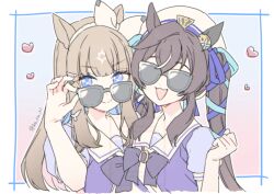 2girls :d almond_eye_(umamusume) animal_ears beret black_bow blue_ribbon bow brown_hair closed_mouth commentary_request cropped_torso hair_ribbon hairband hat heart horse_ears koruri long_hair looking_at_viewer looking_over_eyewear multiple_girls open_mouth puffy_short_sleeves puffy_sleeves purple_shirt ribbon school_uniform shirt short_sleeves smile sunglasses tracen_school_uniform twintails twitter_username umamusume upper_body very_long_hair vivlos_(umamusume) white_hairband white_hat white_ribbon