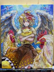 1girl absurdres animal animal_hug bird bird_wings blonde_hair blush chick chicken closed_mouth commentary_request cowboy_shot feathered_wings harikona highres looking_at_viewer niwatari_kutaka oil_painting_(medium) orange_skirt painting_(medium) puffy_short_sleeves puffy_sleeves red_eyes red_hair shirt short_hair short_sleeves skirt smile solo touhou traditional_media white_shirt wings