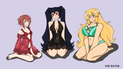 3girls absurdres artist_name babydoll bare_shoulders barefoot black_hair black_panties blanc_(neptunia) blonde_hair blue_eyes blush bra breasts brown_hair cleavage feet female_pubic_hair highres lace lace_trim large_breasts lingerie long_hair medium_breasts multiple_girls navel negligee neptune_(series) noire_(neptunia) panties pubic_hair pubic_hair_peek red_eyes ro-beto_(artist) see-through_clothes short_hair simple_background smile toes twintails underwear vert_(neptunia) very_long_hair